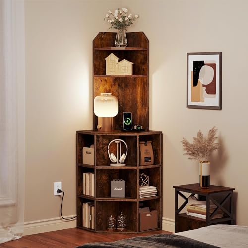 GOOBED Corner Shelf Cabinet, Industrial Corner Storage Rack with Charging Station, Wooden Display Bookshelf Living Room, Bedroom, Dining Room, Kitchen, Rustic Brown