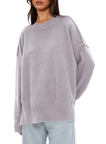 Image of Darong Women Oversized Fuzzy Knit Sweater Long Sleeve Crew Neck Side Slit Pullover Sweaters Fall Winter Tops