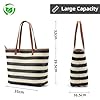 KALIDI Straw Tote Beach Bag Striped Shoulder Handbag Stitch Woven PU Leather Handle Zipper Closure Inner Pocket Travel Shopping Picnic #4