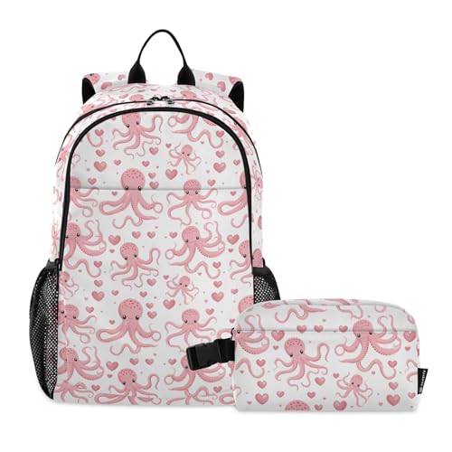 CHIFIGNO Pink Octopus Girls Backpack with Lunch Box School Backpack Elementary Students Knapsack with Lunch Box