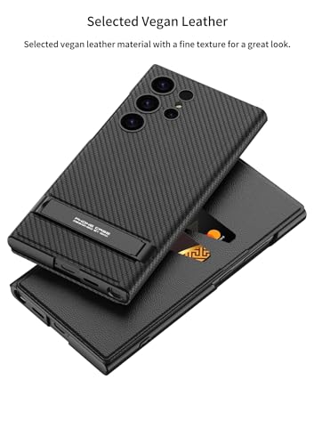 Image of Midkart Leather Flip Cover Compatible with Samsung Galaxy S23 Ultra with Card Holder Built-in Kickstand Inner Hard PC Full Body and Camera Protection Case, Fiber Black