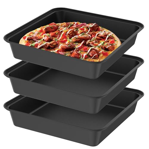 MABCIRY 3 PCS Square Pizza Pan, 10x10x2 Inch Carbon Steel Pizza Tray, Nonstick Deep Pizza Baking Pan, Heat Resistant Pizza Baking Tray, Safe Pizza Pan for Home Use Black