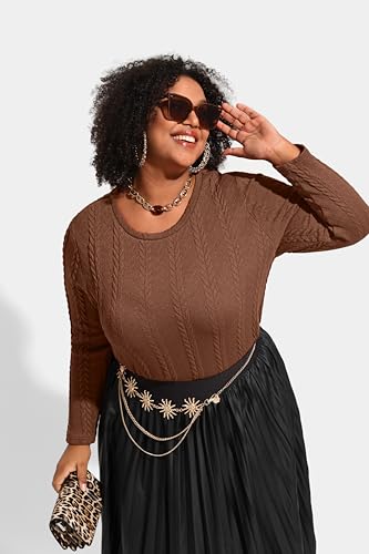 Image of CARCOS Womens Plus Size Tops Basic Fall Cable Knit Sweaters Long Sleeve Shirts Crewneck Lightweight Tunic Tops XL-5XL