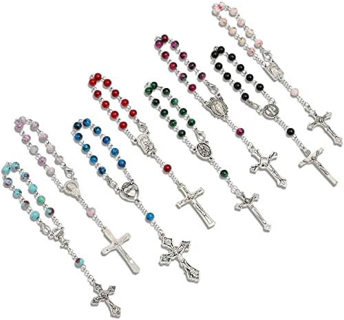 Juvale 24 Pack Mini Catholic Rosary Bracelet for Women and Men, Prayer Beads for Baptism Christening (8 Colors & Crucifix Designs)