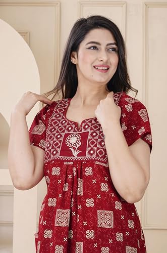 Image of DIAMO Pure Cotton Embroidery Nighty for Women, Night Gown for Woman, Cotton Nighty for Women, Maxi Night Gown Nighty with a Pocket and Adjustable Knot (Free Size)