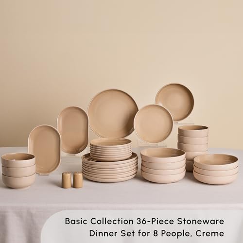 Karaca Terra 36-Piece Stoneware Dinner Set for 8 People, Dishwasher Safe, Microwave Safe, Dinner Plate, Pasta Bowl, Side Plate, Soup Bowl, Serving Platters, Cream