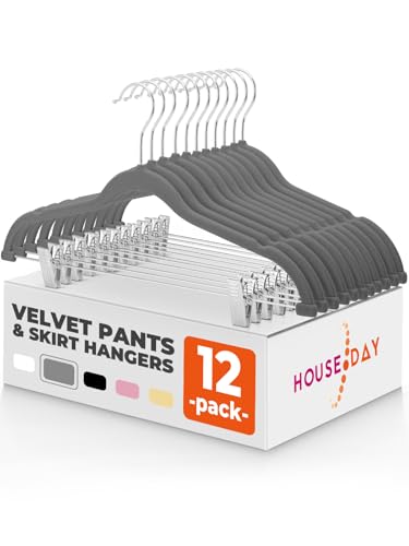 HOUSE DAY Velvet Skirt Hangers 12 Packs Velvet Hangers with Clips Ultra Thin Non Slip Velvet Pants Hangers Space Saving Clothes Hangers for Skirts, Pant, Jeans (Grey)