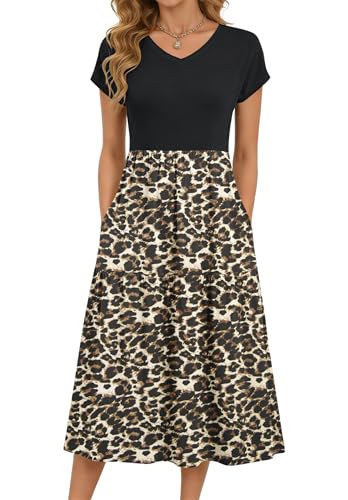 PLOKNRD Robe Longue Femme Été - Taille Haute, Col V, Manches Courtes avec Poches - Volants en Jersey Infroissable Brun Léopard,M