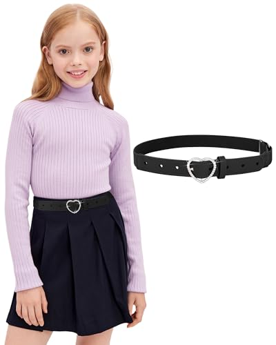 AWAYTR Girls Elastic Leather Belt - Rhinestone Heart Buckle Stretch Kids Belt for Toddler