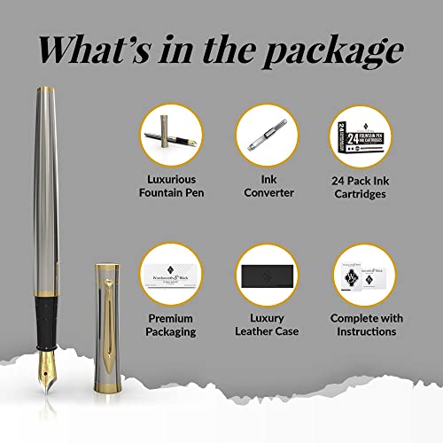 Wordsworth & Black Fountain Pen Set, 18K Gilded Broad Nib, Includes 24 Pack Ink Cartridges, Ink Refill Converter & Gift Box, Gold Finish, Calligraphy, [Silver Gold], Perfect For Men & Women #TOP4