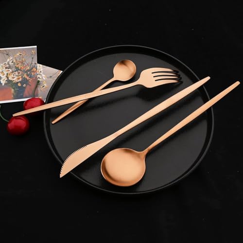 Image of Copper Pink Silverware Set | 24-Piece Satin Finish French Style Stainless Steel Flatware | Elegant Giftable Box | Dishwasher Safe Cutlery for Home, Restaurants & Corporate Gifting