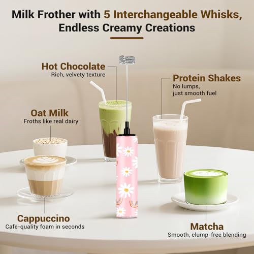 Image of Milk Frother Handheld Rechargeable - 2-Speed Electric Whisk with 5 Detachable Heads (Frother /Mixer /Whisk) for Coffee, Latte, Cappuccino & Matcha, Drink Mixer （Flower 1)