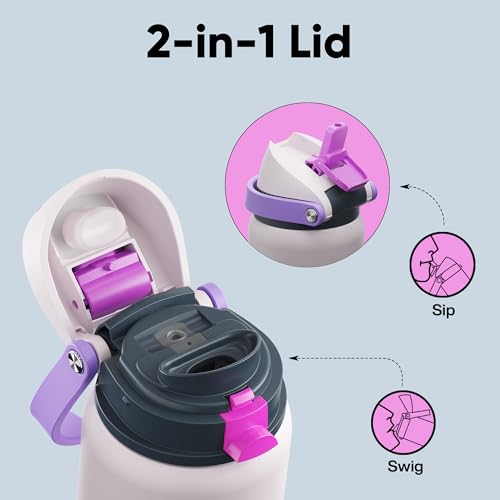 Image of Insulated Water Bottle with Straw - Encool Stainless Steel Water Bottle with Push Button Lid, Leak-Proof & BPA-Free, Keeps Cold for 24 Hours for Sports, Travel, Gym (40 oz, Oyster Pink)