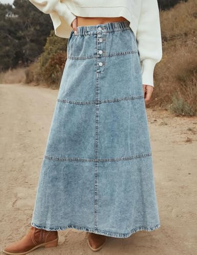Jupe maxi jean patchwork à taille élastique qui sublime votre silhouette