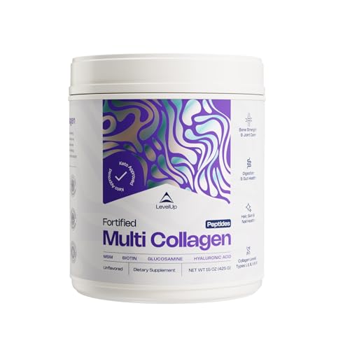 LevelUp Multi Collagen Fortified with Biotin, MSM, Hyaluronic Acid, Glucosamine, Collagen Types I, II, III, V & X, for Joints Hair Skin Nails Gut (Unflavored)