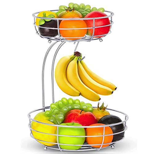 2 Stöckig Obstkorb mit Bananenhalter, Stehend Täglicher Küche moderne Obstschale, praktischer Obstschale Gemüsekorb aus Metall, Silber Cover