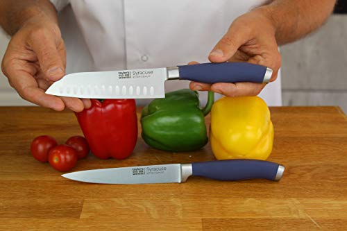 Taylors Eye Witness Syracuse Asian Kitchen Knife Set - Chefs Santoku 13cm/5” & Cooks All Purpose 13cm/5” Cutting Edge, Multi Use. Ultra Fine, Razor Sharp Blade. Soft Textured Grip Denim Blue Handle. - Image 3