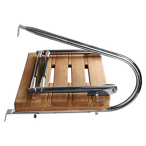 DasMarine Universal Outboard Teak Wooden Swim Platform Under Mount Fold Down 2 Step 316 Stainless Steel Ladder with Single Handrail(Mounting Screws are Included)