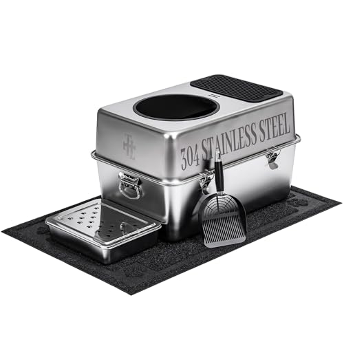 PALSLU 304 Stainless Steel Cat Litter Box Fully Enclosed Leak-Proof & Rust-Proof Top-Entry XL Litter Box with Metal Scoop Litter Mat Side Clamps & Handles for Large Cats (Pure X-Large)