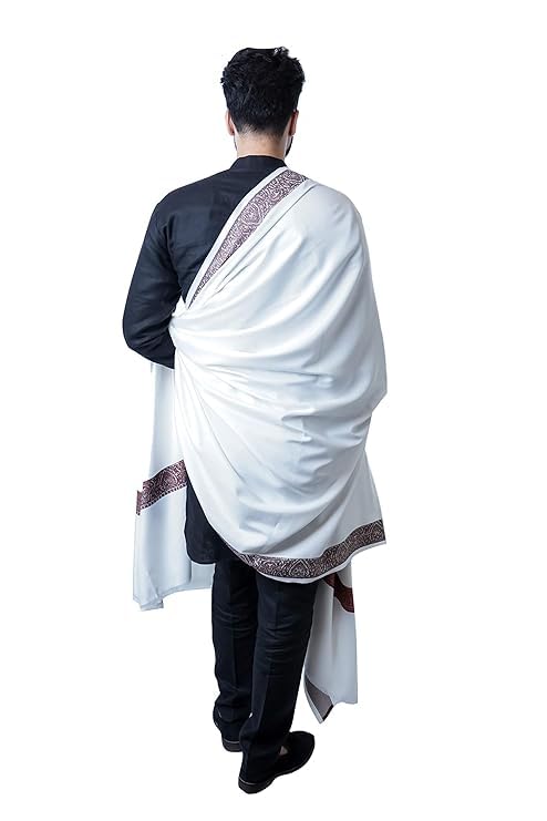 Traditional White Shawl with Paisley Border Design, Elegant Draped Wrap for Men-image-30