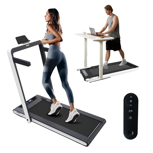 Image of 2 in 1 Under Desk Treadmill, 2.5HP Folding Electric Walking Jogging Machine for Home Office with Remote Control, White, Compact Design, Shock Absorption