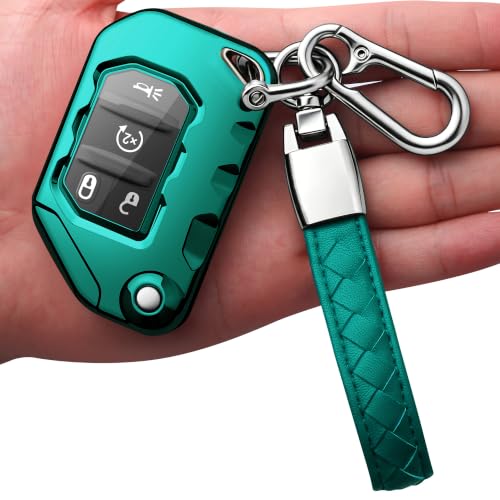 Image of Compatible with Jeep Key Fob Cover with Leather Keychain Soft TPU Protection Key Case for 2018-2026 Wrangler JL JLU Rubicon Wagoneer Gladiator JT Sahara JLU Remote Key (Green)