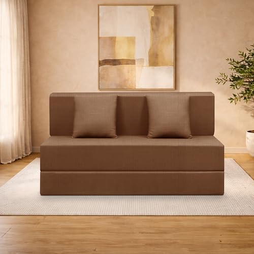 Image of Two-Seater Sofa Cum Bed Foldable Sofa Cum Bed Washable & Zipper |Jute Finish Fabric - Brown | 4' X 6' Feet