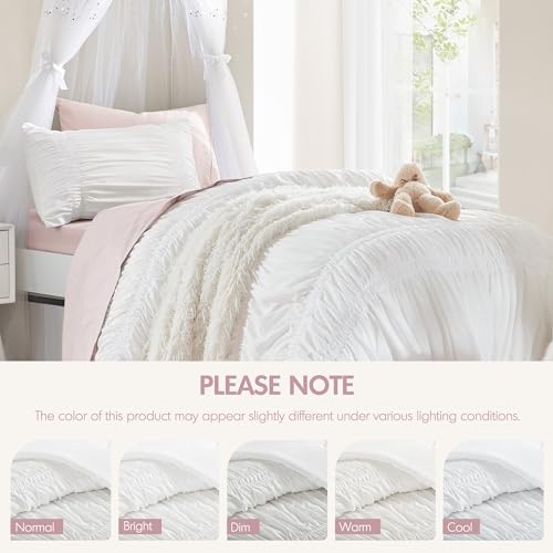 Image of Intelligent Design Ruched Shabby Chic White Twin XL Comforter Set, 2pc | Back to School Girls Dorm Bedding Set, French Country, All Season Down Alternative, Cozy, Machine Washable, Lightweight