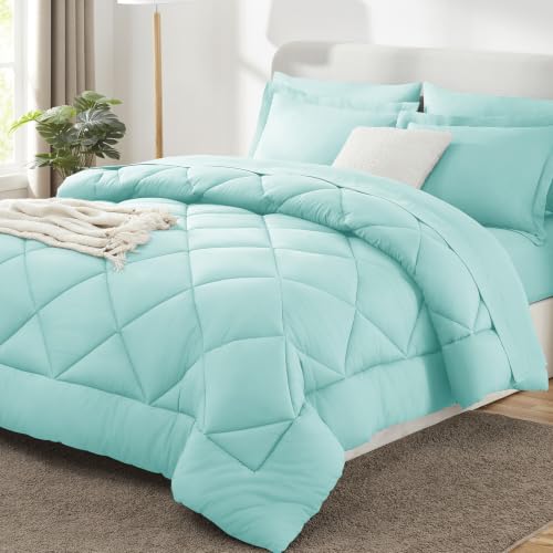 Image of CozyLux Queen Comforter Set Spa Blue - Bed in a Bag Queen Size 7 Pieces, Luxury Soft Bed Set for All Seasons, Bedding Set with Down Alternative Comforter, Sheets, Pillowcases & Shams