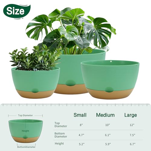 Koalaime 8/10/12 Inch Pots for Indoor Plants, Large Self Watering Planters with Drainage and Saucers, Plastic Outdoor Flower Pot, Set of 3, Green
