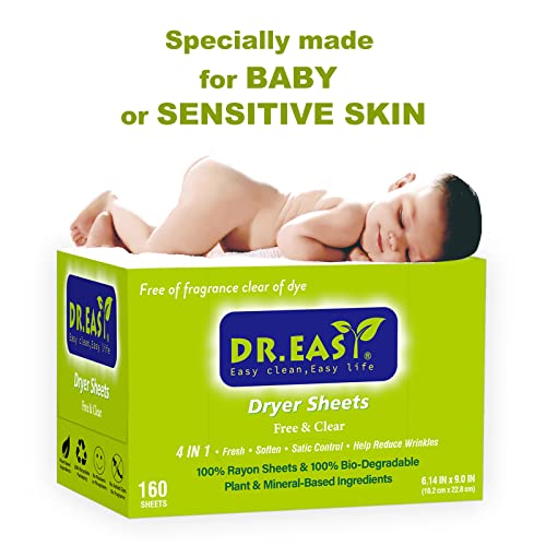 Dr.easy Dryer Sheets Free & Clear Plant Based All Ingredients For Sensitive Skin 160 Ct 100% Rayon Fabric Softener Sheet Unscented & No Dyes Reduce Static & Wrinkles Soften Clothes Help Repel Pet Hair #TOP3