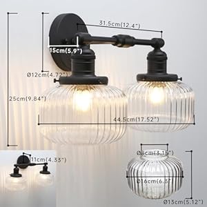 2 lights industrial glass wall sconces antique brass clear striped globe shade wall light fixture for bathroom vanity bedroom dining room living room farmhouse stairs  urban country home decor