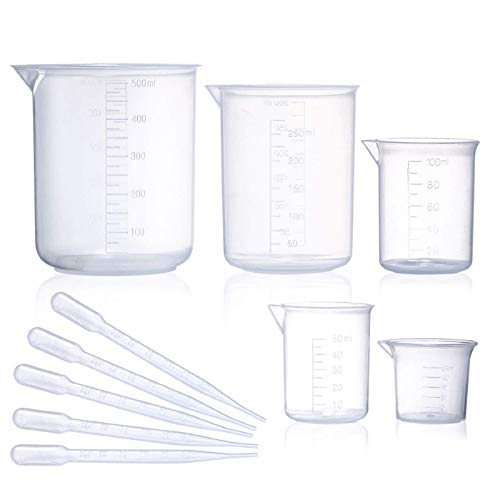 Juego de vasos de plástico de 5 tamaños, graduado, de polipropileno, en 500 ml, 250 ml, 100 ml, 50 ml, 25 ml para laboratorio, experimentos de ciencia con 5 goteros de plástico en 3 ml Cover