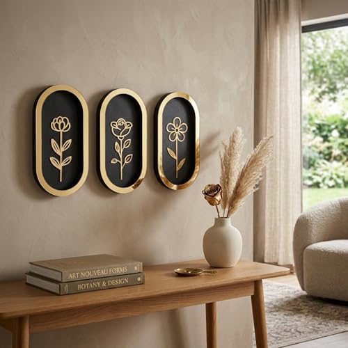 Image of eCraftIndia Pack of 3 Floral Wall Art with Black & Golden Wood Base Flower Cutouts Decor for Living Room Bedroom