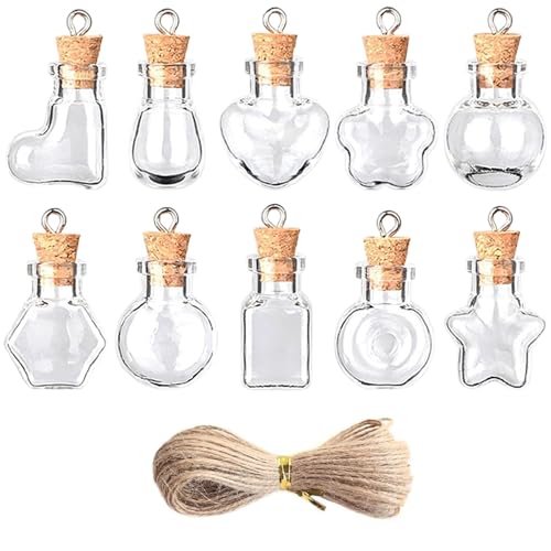 Tianher 10 pcs Mini Botellas de Cristal con corcho,mini botellas de deseos,Botes Cristal Pequeños con tapas de corcho y cuerda,botellas pequeñas para decorar el árbol de navidad decoración DIY
