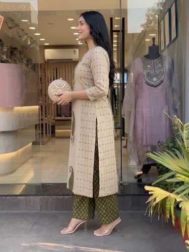 Image of Nermosa Women's Pure Viscose Block Printed Ethnic Wear Straight Kurta Set with Palazzo Pants & Dupatta | Kurta Set for Women | 3 Piece Set
