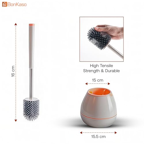 Image of BonKaso Tracy Toilet Brush with PP Bristle Head & Holder for Bathroom Cleaning | Ergonomic Handle Toilet Brush with Anti-Slip Grip | Compact, Durable & Stylish Bathroom Cleaner - Grey & Orange