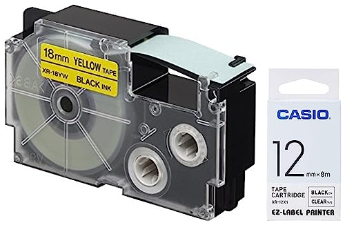 Image of Casio XR-18YW1-W-DJ Label Printer Tape (Black and Yellow) & Casio XR-12X Label Printer Tape (Clear)