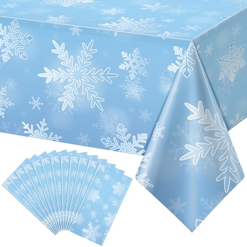 Zachely 12 Pack Winter Snowflake Plastic Tablecloth Decorations, Light Blue Snowflake Winter Wonderland Disposable Table Cover for Christmas Holiday New Year Party Supplies Decorations, 54 x 108 Inch