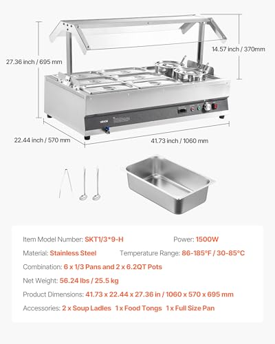 Image of VEVOR Electric Soup Warmer, Two 6.34QT Pots & Six 1 /3 Pans, Stainless Steel Commercial Food Warmer with 86~185F Adjustable Temp, 1500W Bain Marie with Cover, Soup Station for Restaurant, Buffet