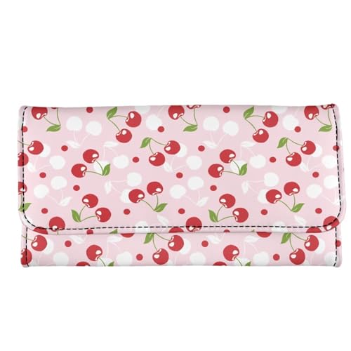 Image of AFPANQZ Womens Wallets, Leather Trifold Multi Card Holder Slots Wallet, Cherry Red Elegant Clutch Phone Holder Zip Inner Pocket Multi-Cards Slots Large Travel Wallet