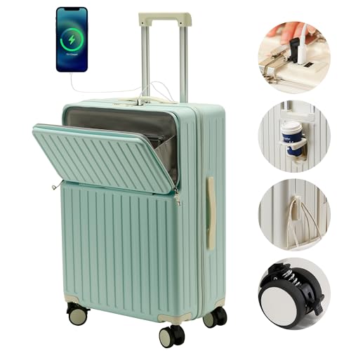 [Mularda] スーツケース フロントオープン 機内持ち込み スーツケース USBポート付き カップホルダー付き 荷物フック付き サイレントホイール 超軽量 勉強 旅行 ビジネス 出張 1～3泊 ブルー