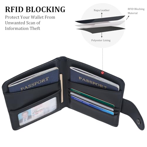 Image of Polare Full Grain Leather Slim and Soft RFID Blocking wallet For Men Snap Bifold Travel Wallet Passport Holders 2 Passports, Black with AirTag Slot, Slim