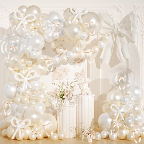Image of Pearl White Balloon Arch Kit,JOGAMS 178Pcs Bow Balloon Arch Kit with 260 Clear Balloons Beige Ribbon Bow for Coquette Bow Theme Birthday Wedding Baby Shower Bachelorette Bridal Shower