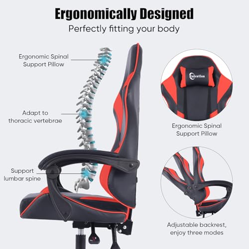 Gaming Chair Office Chair Desk Chair Swivel Tilt Computer Chair Ergonomic Design with Headrest & Lumbar Cushion Reclining Back Support for Home Office (Red) - Image 6