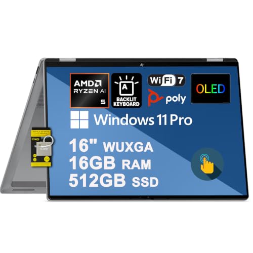 Image of HP OmniBook X Flip 16 2-in-1 Laptop 16 inch WUXGA OLED Touch 100% DCI-P3 AMD Ryzen AI 5 430 (Up to 50 Tops) 16GB RAM 512GB SSD Backlit Wi-Fi7 for Creator Designer Business Professional Win11Pro ICP Hub