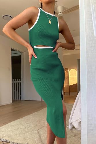 Image of PRETTYGARDEN Women's Summer Midi Bodycon Dresses Casual Crew Neck Side Slit Sleeveless Knit Cut Out Tank Top Dress