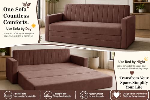 Image of 3-Seater Velvet Sofa Cum Bed with Armrests | Modern Convertible Sleeper Couch | Stylish Sofa Bed for Living Room, Bedroom & Office | Brown