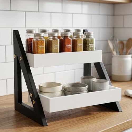 Image of Kitchen Organizer Rack - Multi-Purpose Kitchen Stand for Countertop & Cabinet Storage | Heavy-Duty Kitchen Rack Organizer for Spices, Utensils, Dishes & Pantry Items (2 Tier Black)