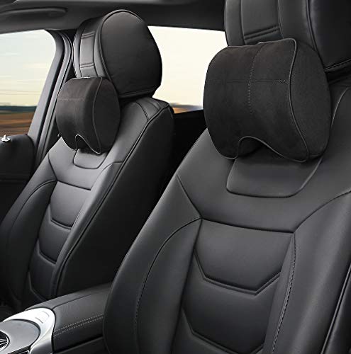 EASY EAGLE Auto Nackenkissen aus Wildleder und Memory-Schaum, Nackenkissen mit Abnehmbarem Befestigungsgurt für Autositz, Schwarz, 1 Stück